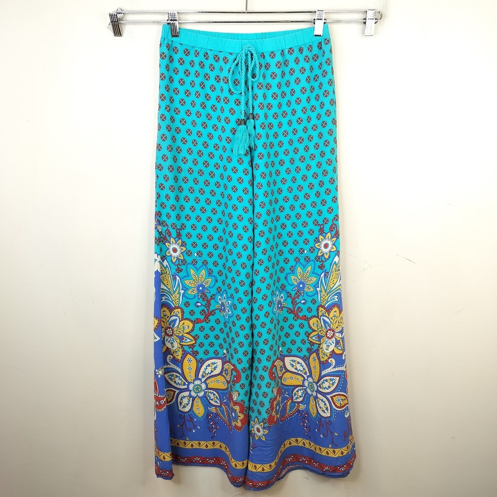 Flying Tomato Wide Leg Palazzo Pants Medium Tasseled Floral Boho Turquoise